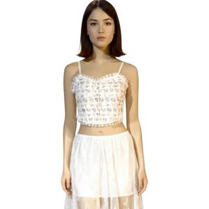 White Pink Floral Frill Trim Cami Cropped Bustier Top